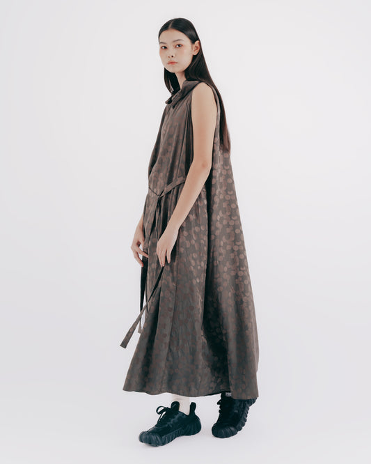 Silk and Cotton Blended Lapel Raindrop Dress (Brown) 