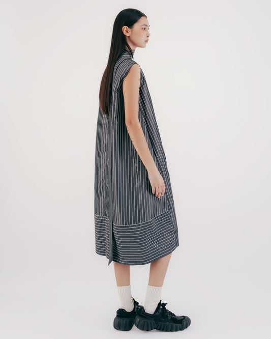 Silk Striped Sleeveless Tie Long Dress (Gray) 