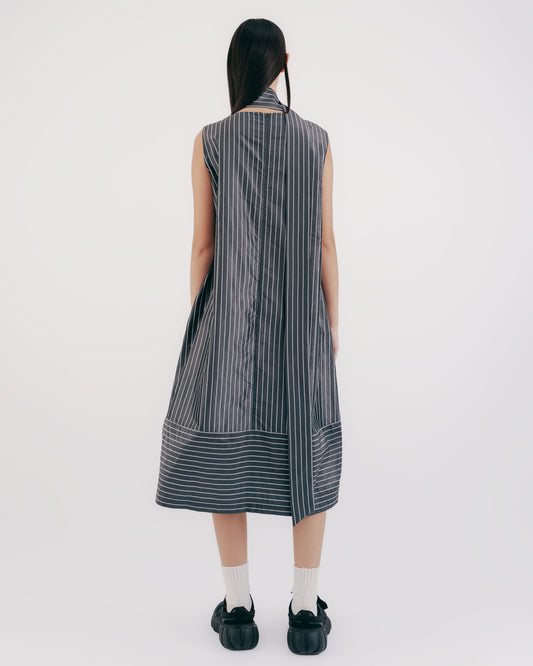 Silk Striped Sleeveless Tie Long Dress (Gray) 