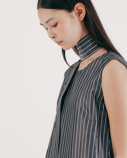 Silk Striped Sleeveless Tie Long Dress (Gray) 
