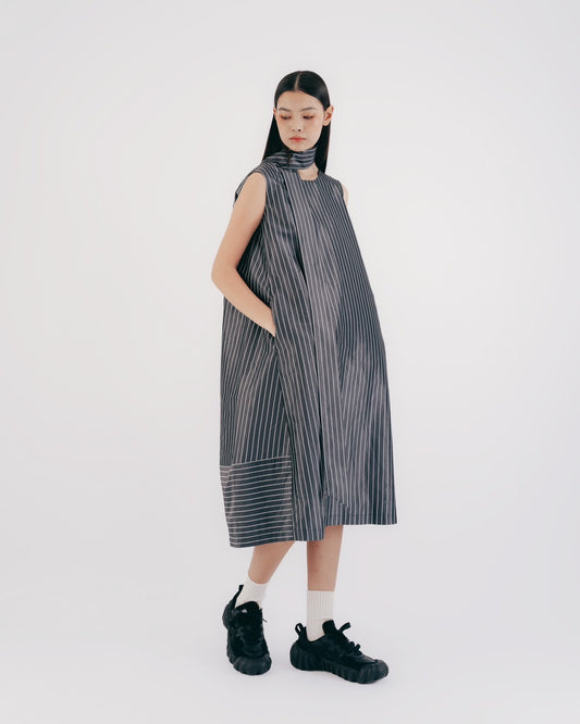 Silk Striped Sleeveless Tie Long Dress (Gray) 