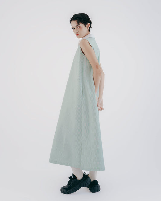 Striped Sleeveless Half-Breasted Long Dress (Green)