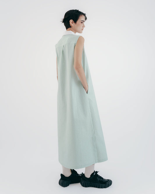 Striped Sleeveless Half-Breasted Long Dress (Green)