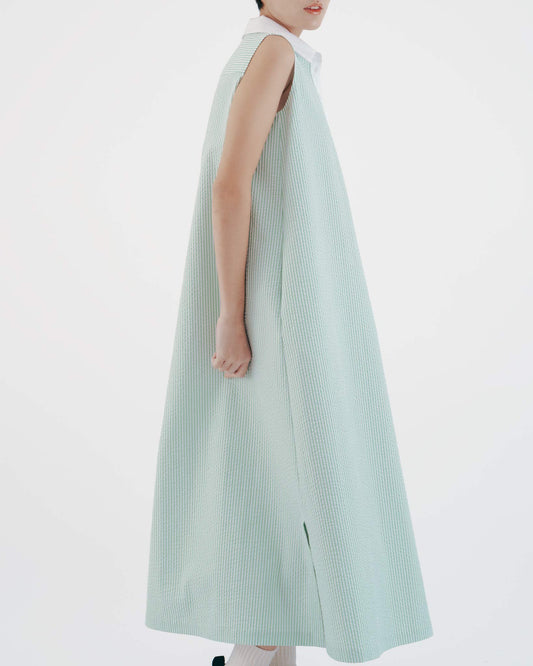 Striped Sleeveless Half-Breasted Long Dress (Green)