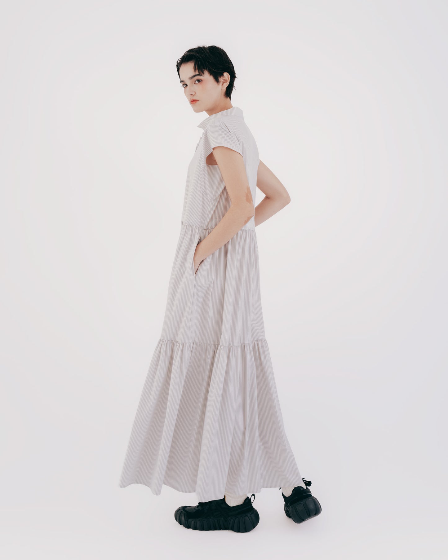 Japanese-style drawstring cake skirt dress (striped) 