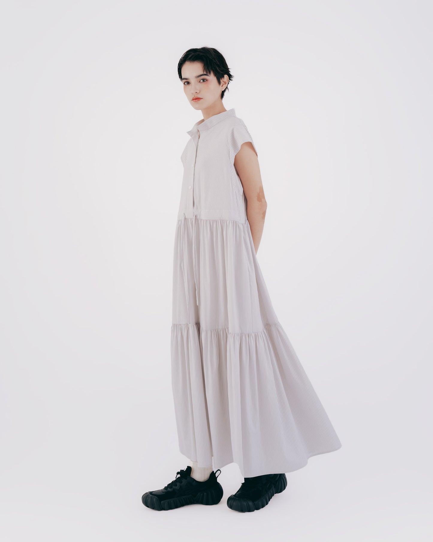 Japanese-style drawstring cake skirt dress (striped) 