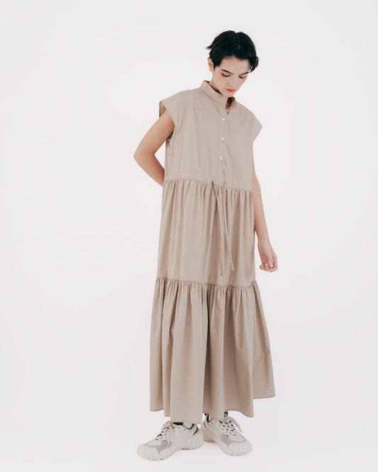 Japanese-style drawstring cake skirt dress (khaki) 