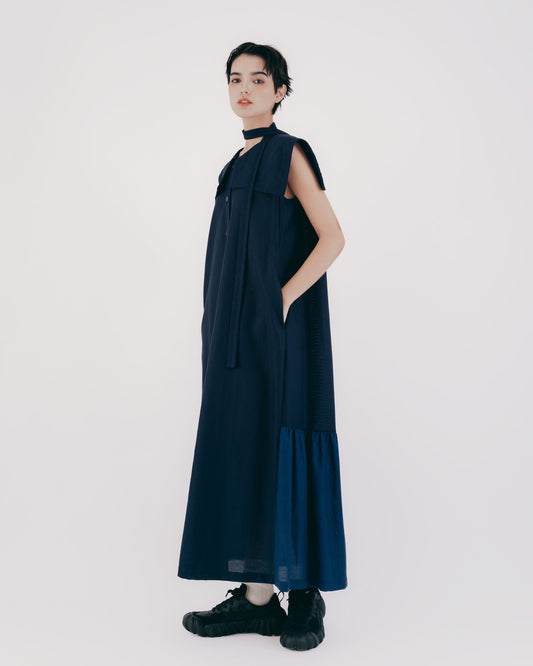 Diamond Pattern Navy Collar Fishtail Dress (Dark Blue)