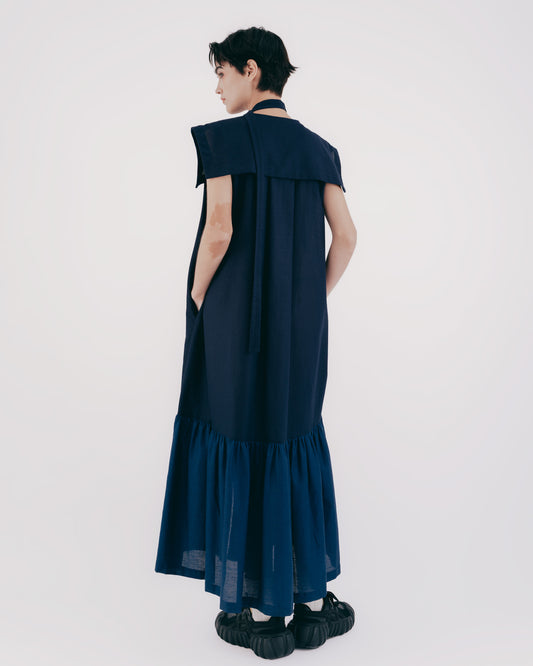 Diamond Pattern Navy Collar Fishtail Dress (Dark Blue)
