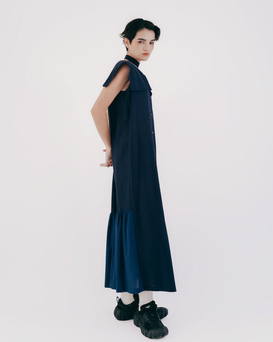 Diamond Pattern Navy Collar Fishtail Dress (Dark Blue)