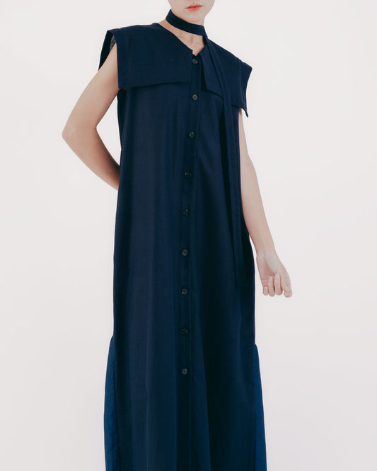 Diamond Pattern Navy Collar Fishtail Dress (Dark Blue)
