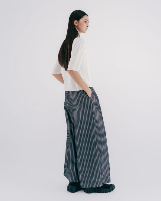 Striped silk folded wide pants 