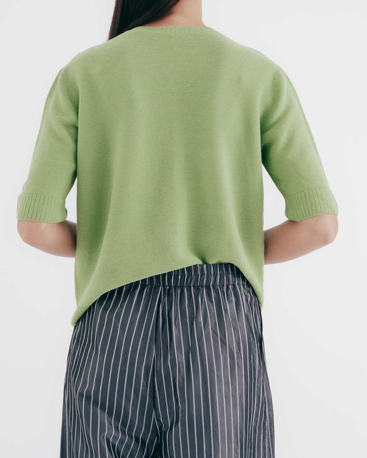 Lingshi Textured V-Neck Half-Sleeve Knit Top (Green) 