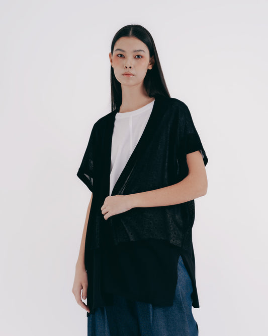 Drop Shoulder Loose Knit Long Cardigan (Black) 
