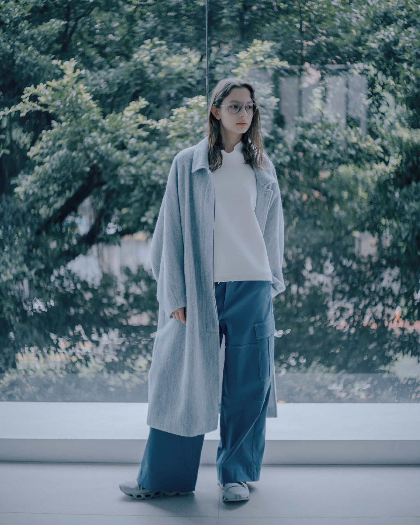 落肩長版毛呢大衣(淺灰)