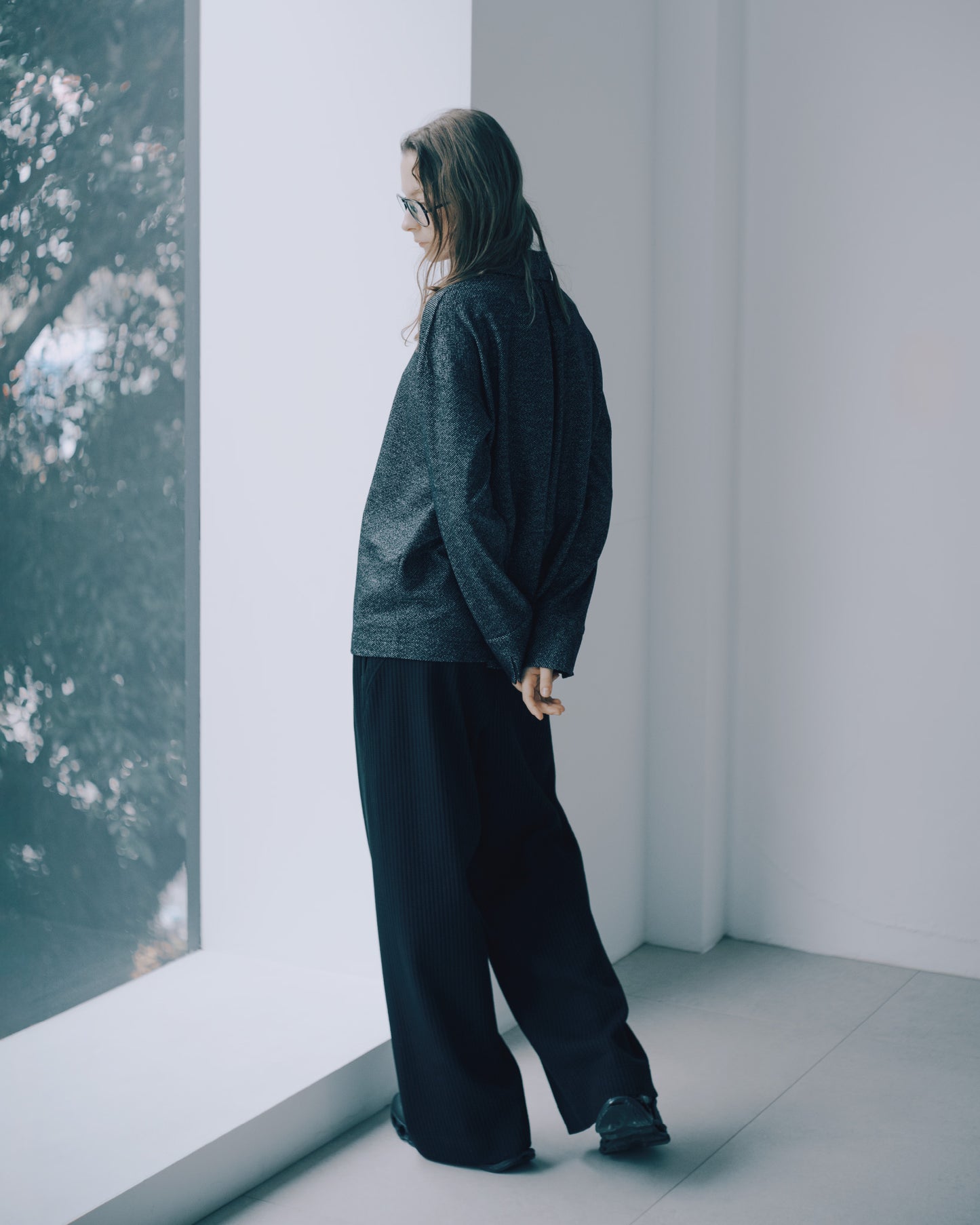 立體格紋針織寬褲(黑色)