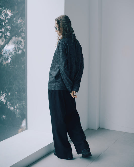 立體格紋針織寬褲(黑色)