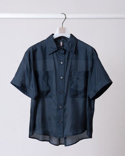 Silk cotton short-sleeved shirt (dark blue) 