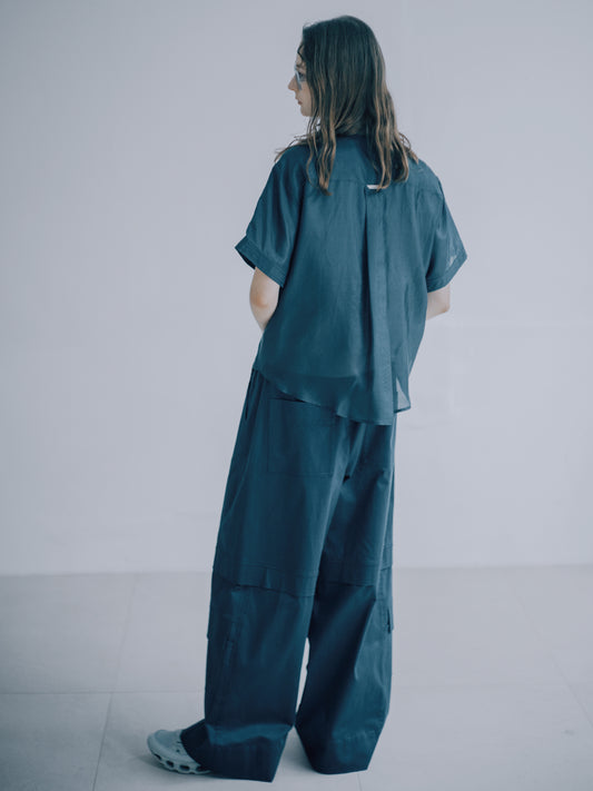 Silk cotton short-sleeved shirt (dark blue) 