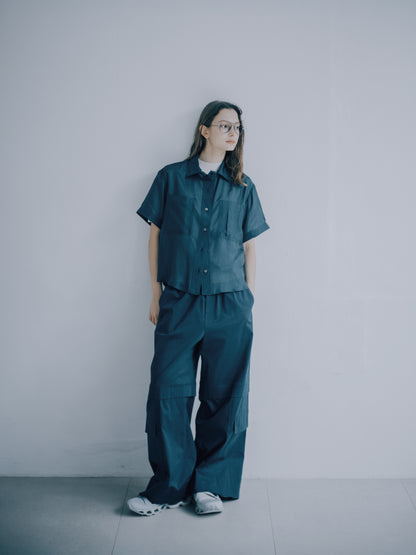 Silk cotton short-sleeved shirt (dark blue) 