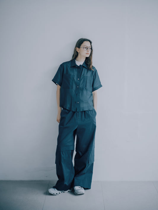 Silk cotton short-sleeved shirt (dark blue) 