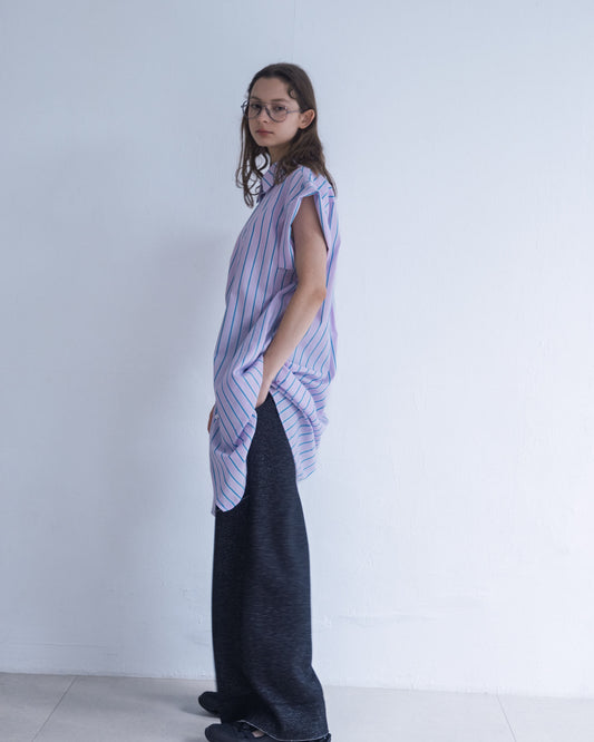 Loose Drop Shoulder Long Striped Shirt (Pink) 