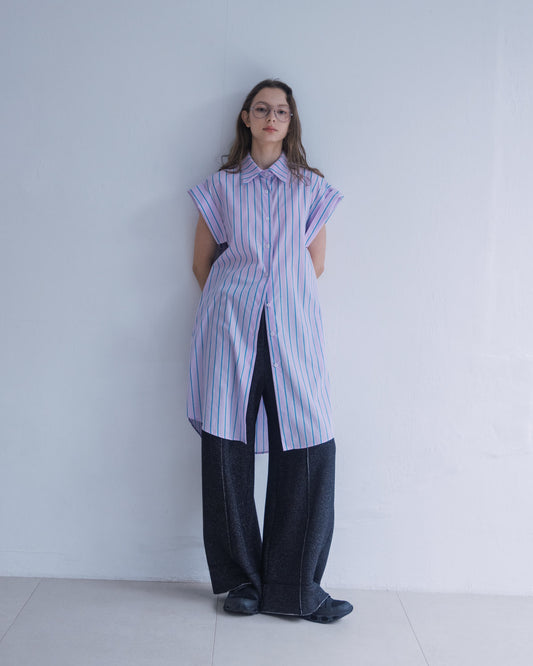 Loose Drop Shoulder Long Striped Shirt (Pink) 