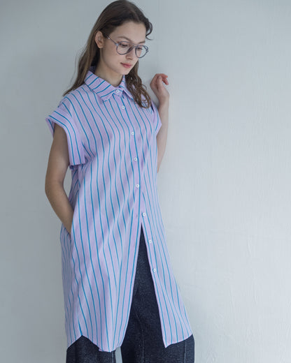 Loose Drop Shoulder Long Striped Shirt (Pink) 