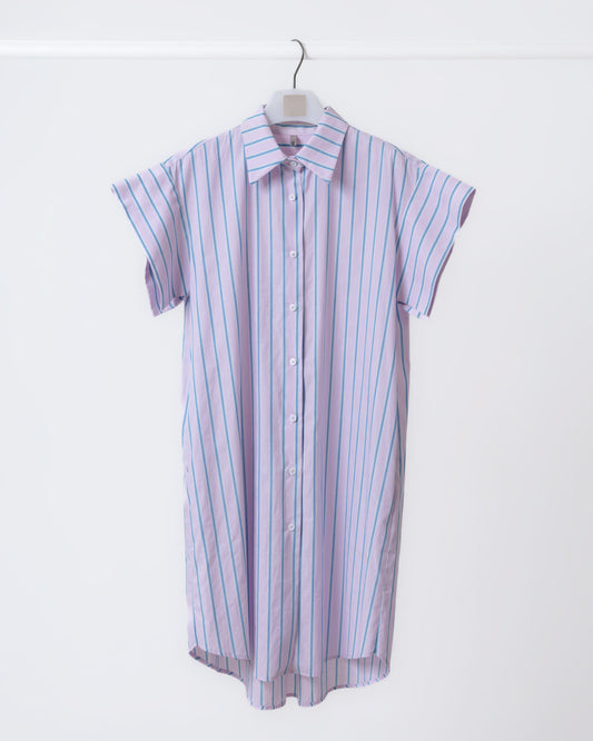 Loose Drop Shoulder Long Striped Shirt (Pink) 