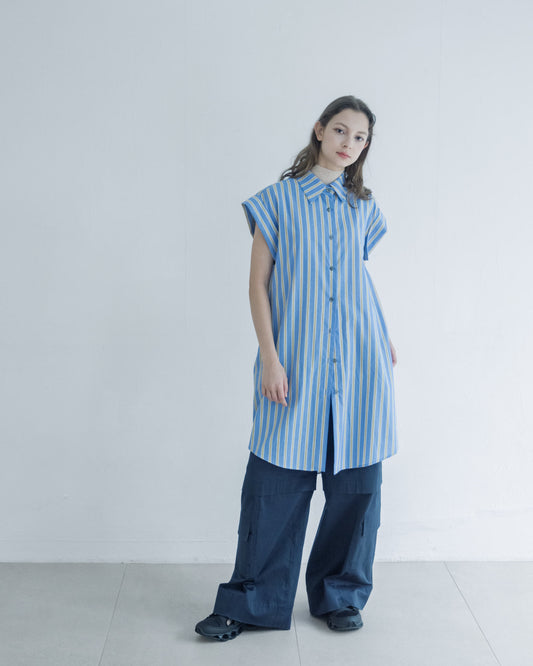 Loose Drop Shoulder Long Striped Shirt (Blue)