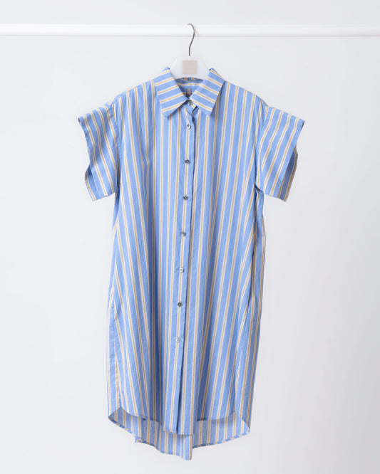 Loose Drop Shoulder Long Striped Shirt (Blue)