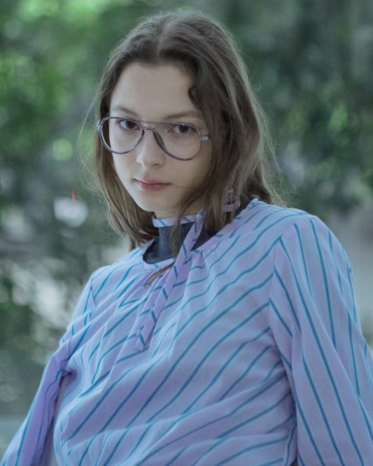 Pleated Round Neck Ruffle Sleeve Striped Top (Pink) 