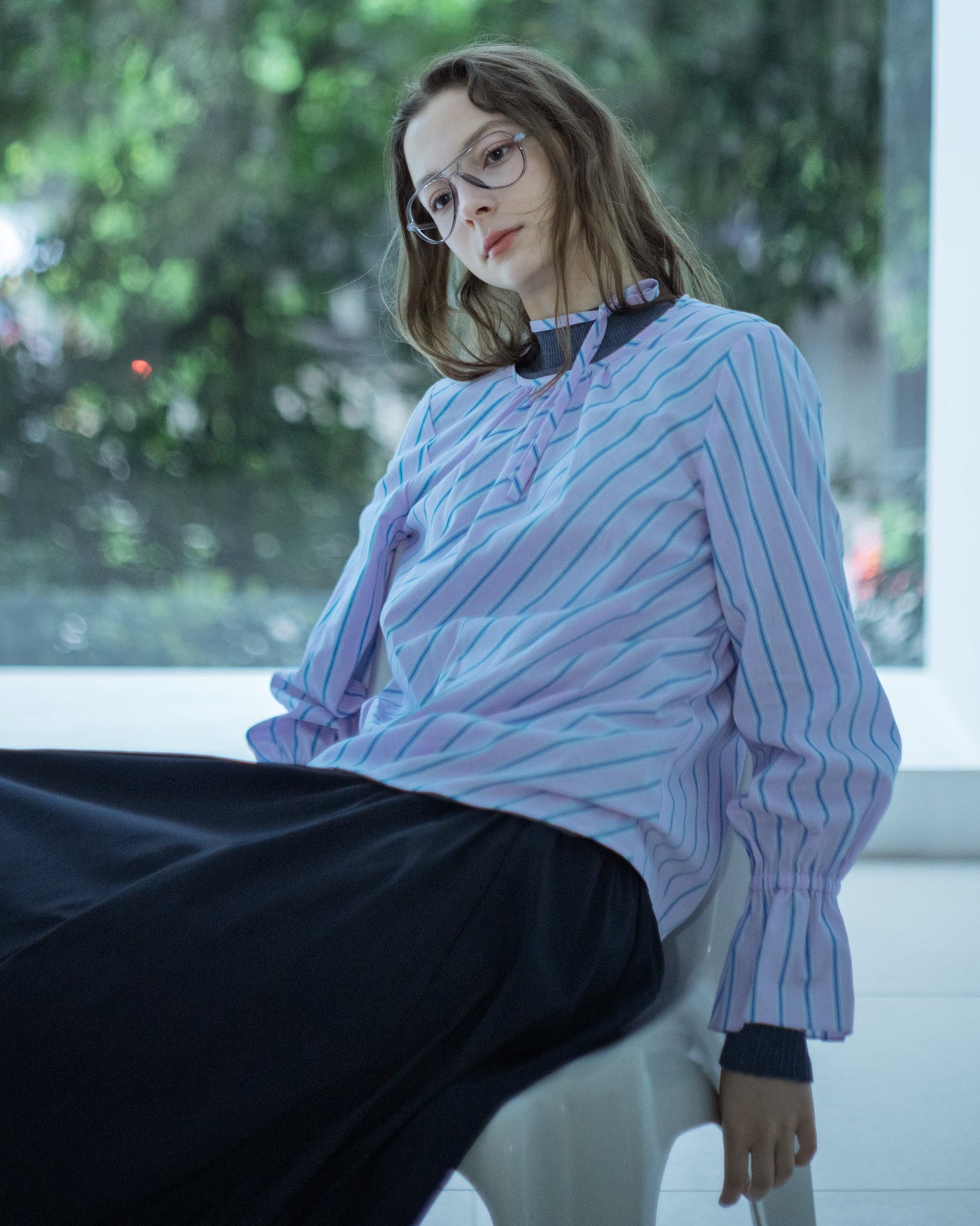 Pleated Round Neck Ruffle Sleeve Striped Top (Pink) 