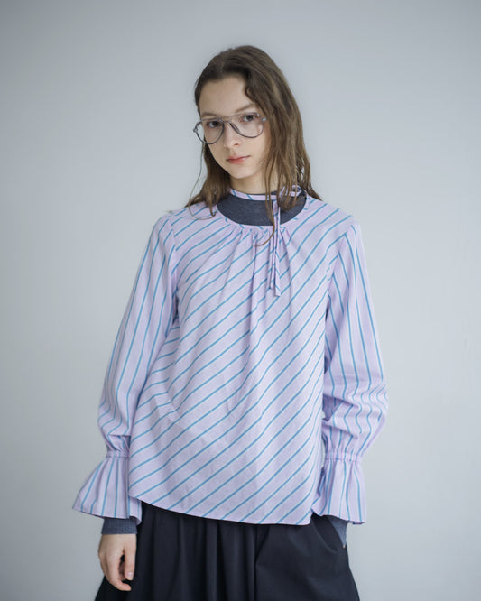 Pleated Round Neck Ruffle Sleeve Striped Top (Pink) 