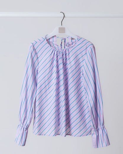 Pleated Round Neck Ruffle Sleeve Striped Top (Pink) 