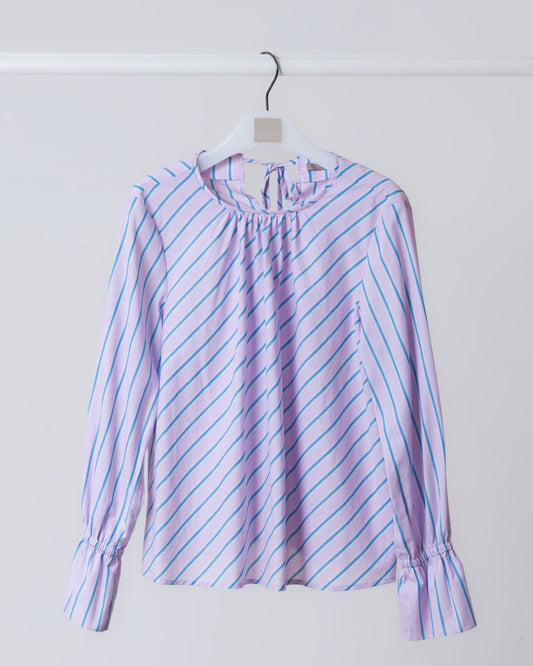 Pleated Round Neck Ruffle Sleeve Striped Top (Pink) 