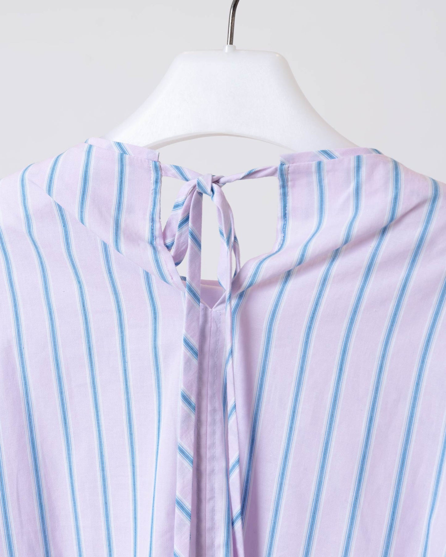 Pleated Round Neck Ruffle Sleeve Striped Top (Pink) 