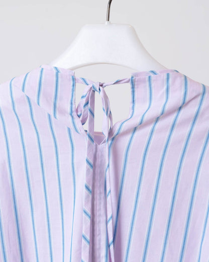 Pleated Round Neck Ruffle Sleeve Striped Top (Pink) 