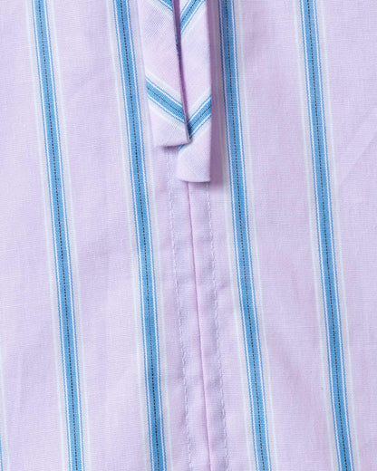 Pleated Round Neck Ruffle Sleeve Striped Top (Pink) 