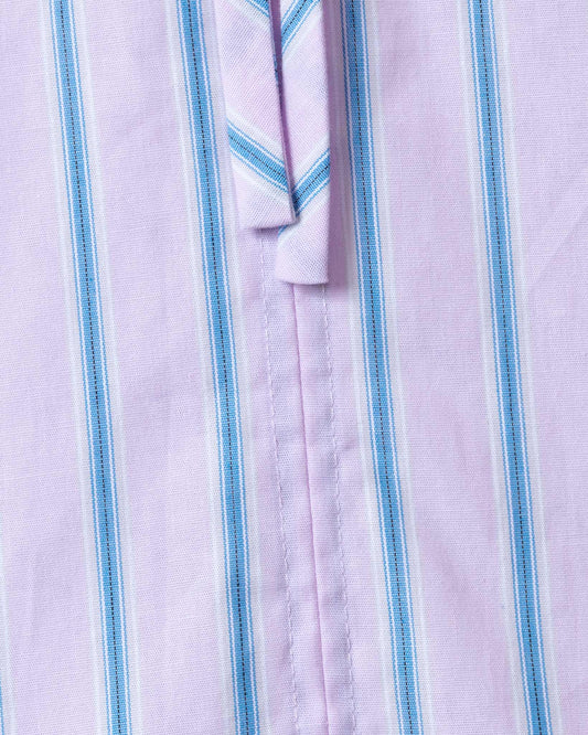 Pleated Round Neck Ruffle Sleeve Striped Top (Pink) 