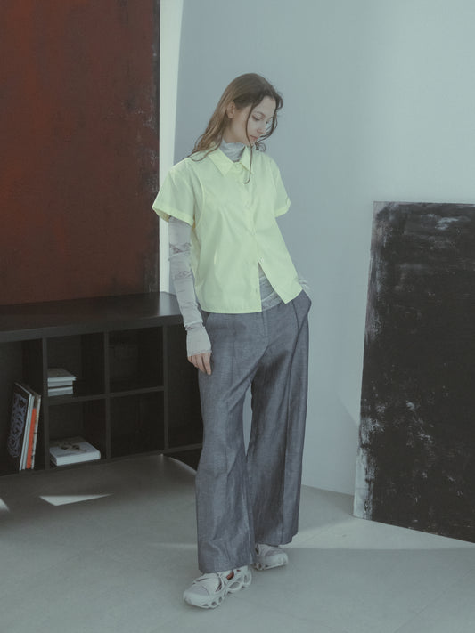 Fake two-piece layered short-sleeved shirt (light yellow) 