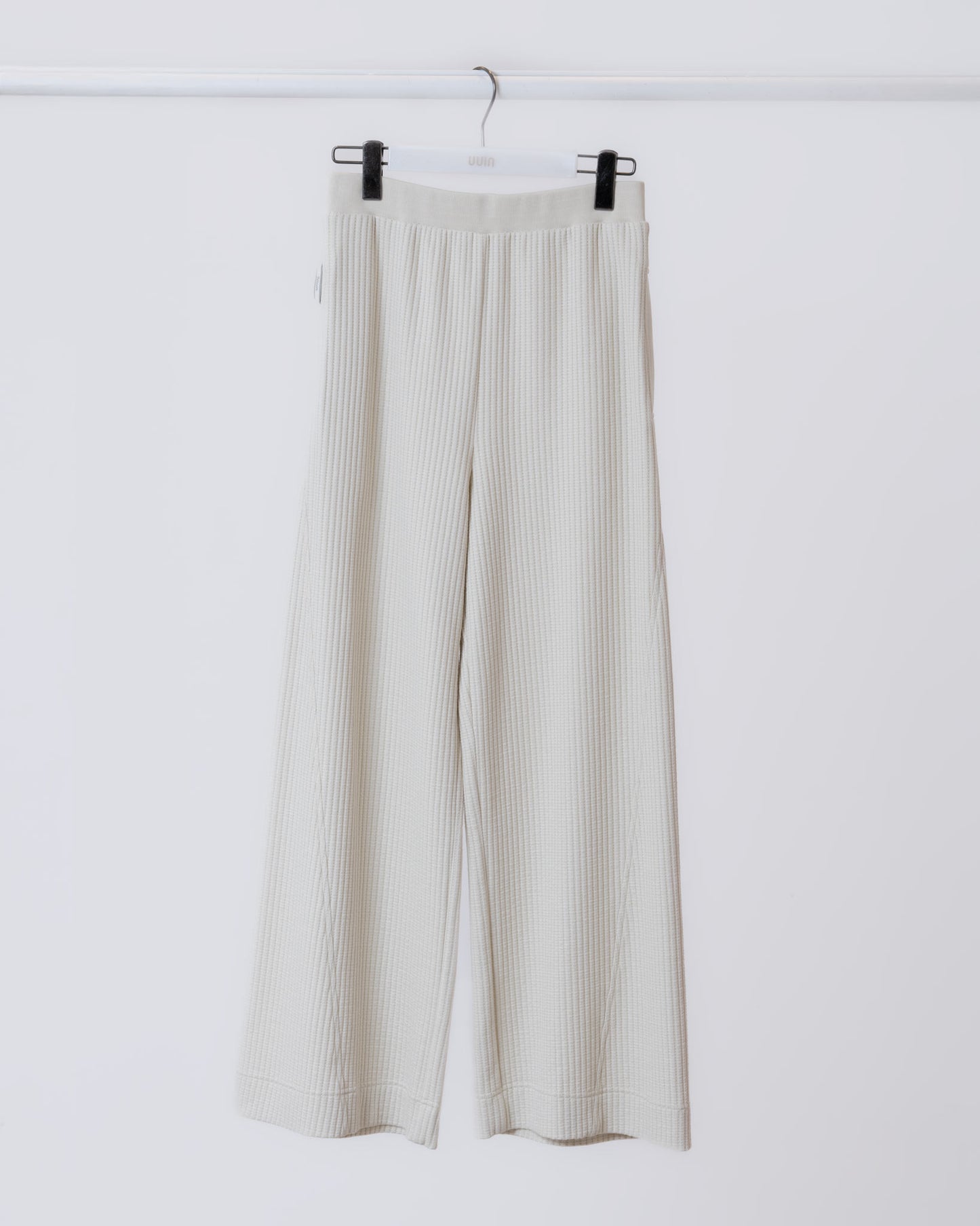 立體格紋針織寬褲(米黃)