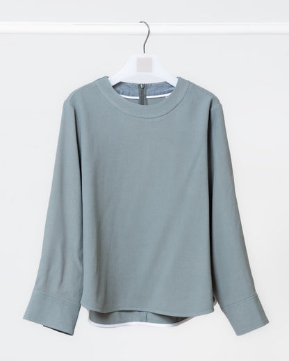 純色弧形剪裁長袖上衣(綠色)