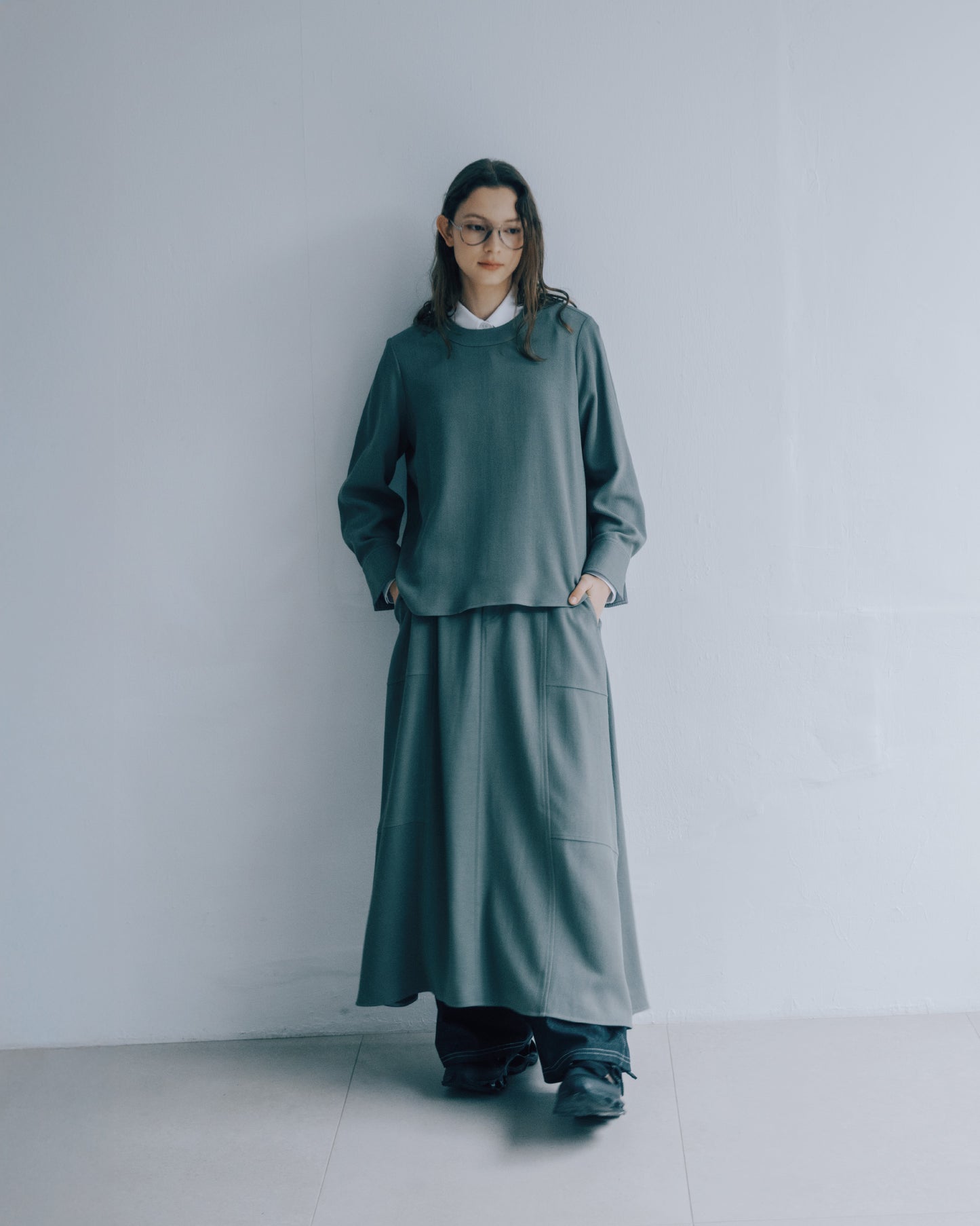 純色斜紋拼接A字裙