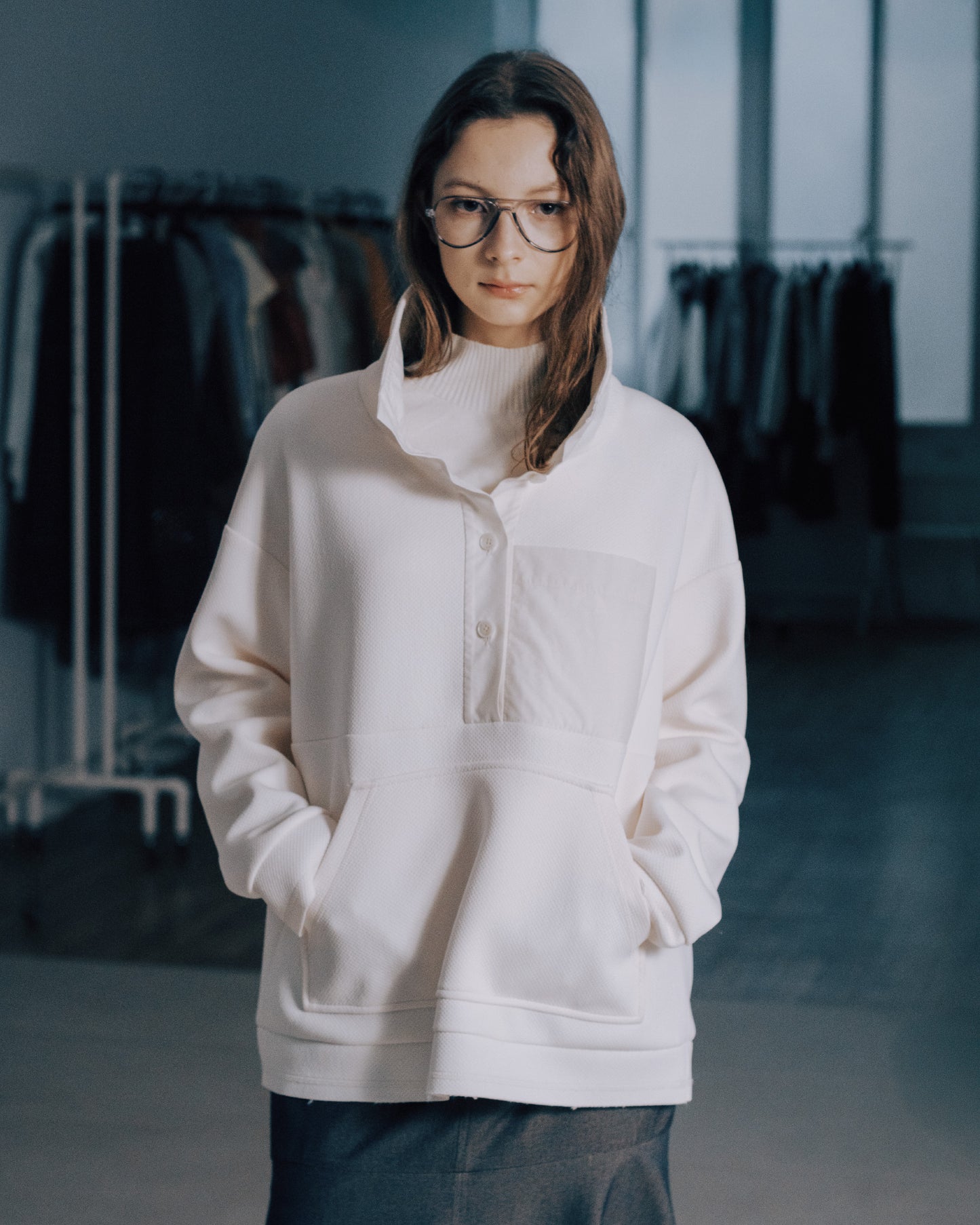 拼接口袋紋理上衣(米白)