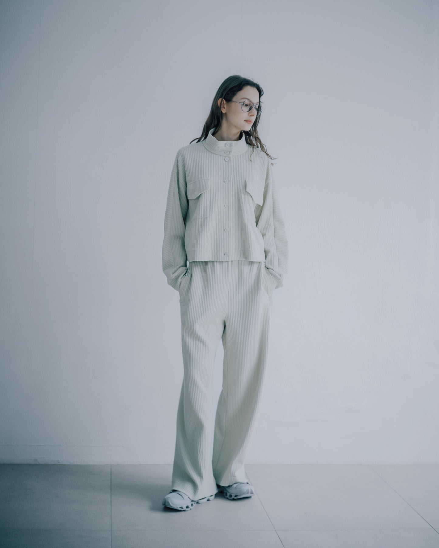 立體格紋針織寬褲(米黃)