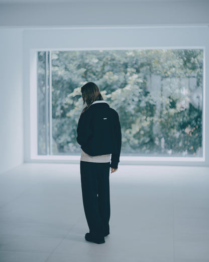 立體格紋針織寬褲(黑色)