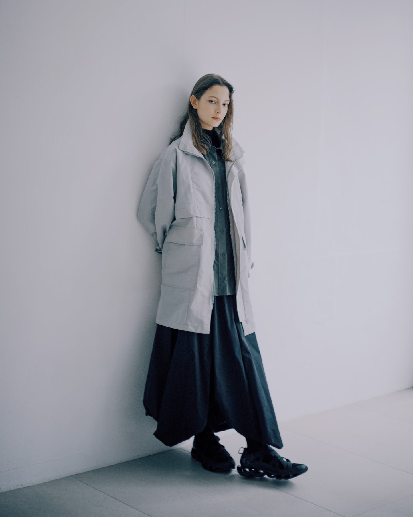 光澤質感高領風衣外套