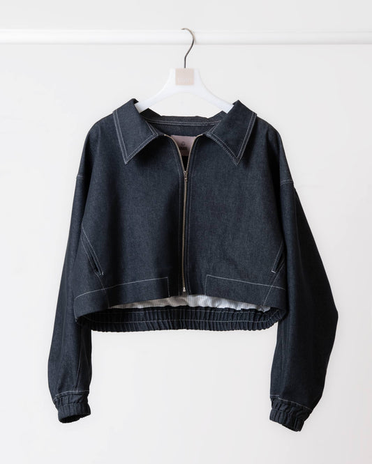 短版翻領牛仔夾克(黑色)