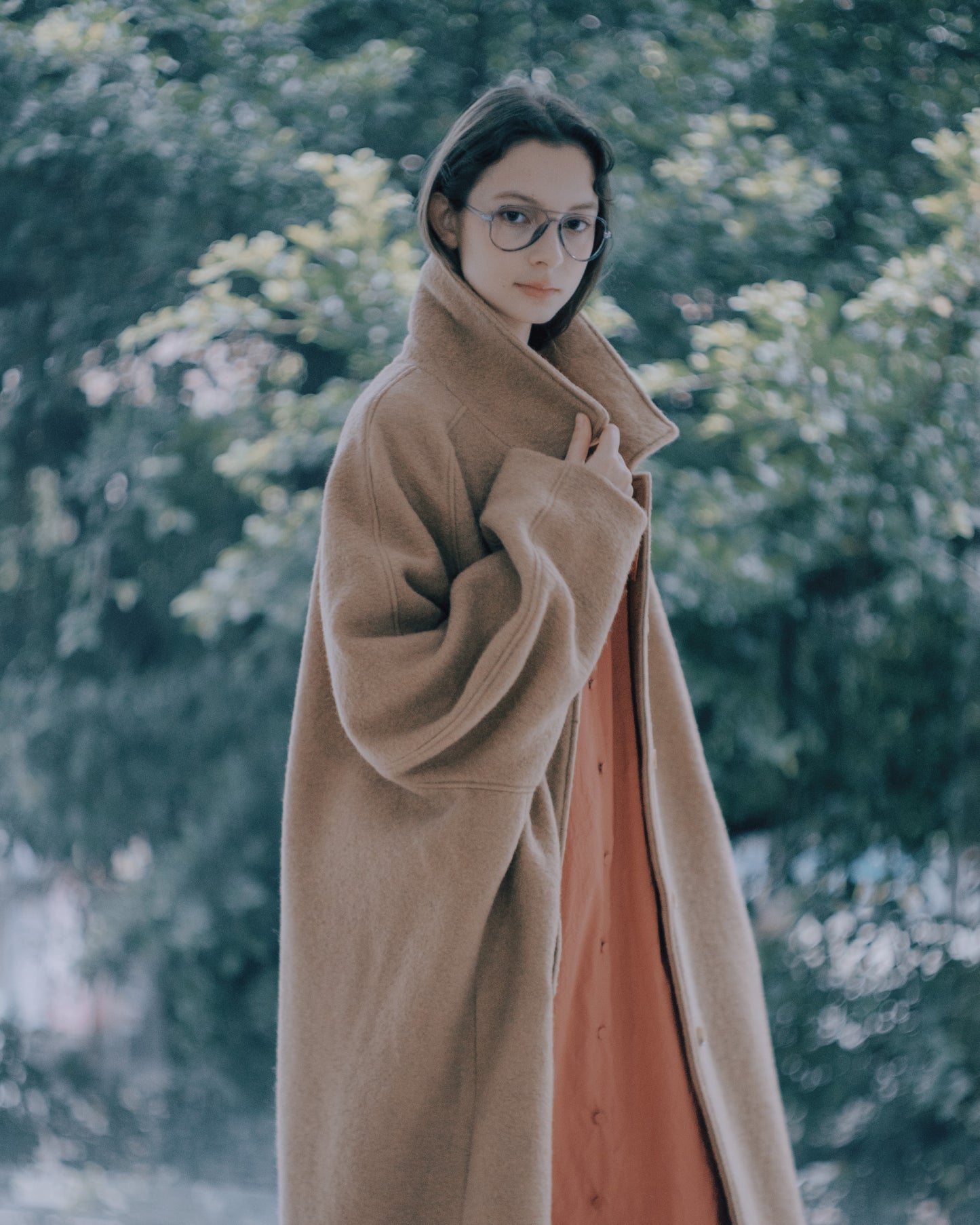 落肩長版毛呢大衣(卡其)